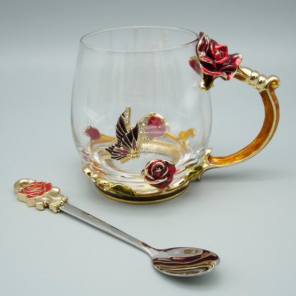 Reposhed Arc Of France Glass Mug & Spoon - Rose & Butterfly Design - Picture 2 of 15